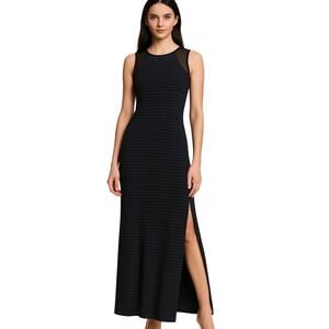Laila Jayde Navy Black Stripe Maxi Dress Mesh Detail Sleeveless NWT XS